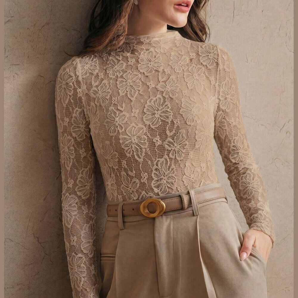 Tan Sheer Floral Lace Mock Neck Long Sleeve Slim Fit Top